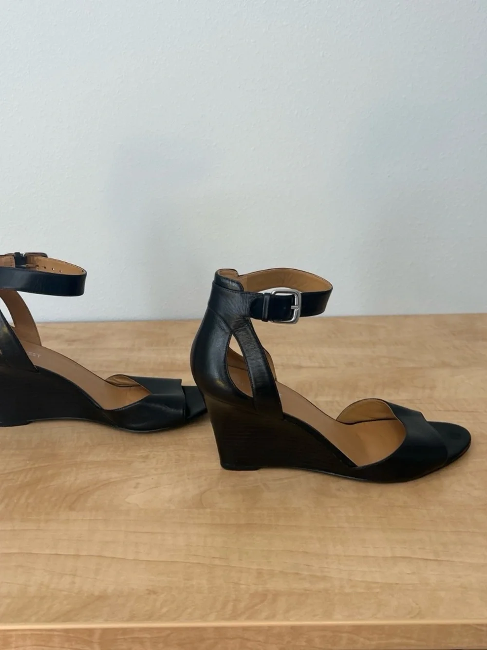 Nine West Black Leather Ankle-Strap Wedge Sandals